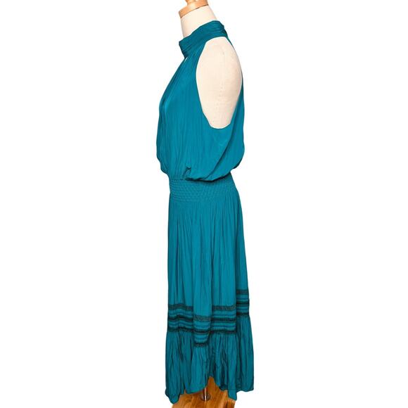 Ramy Brook Annette Halter Dress Petrol Teal Blue Green Smocked Waist Size L - Picture 3 of 9